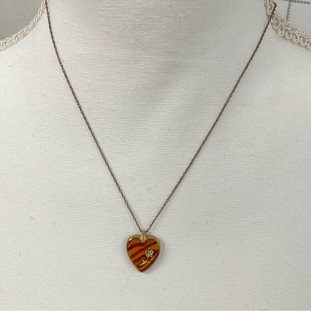 Vintage Gold Tone Orange Plastic Heart Pendant With Rhinestone Necklace